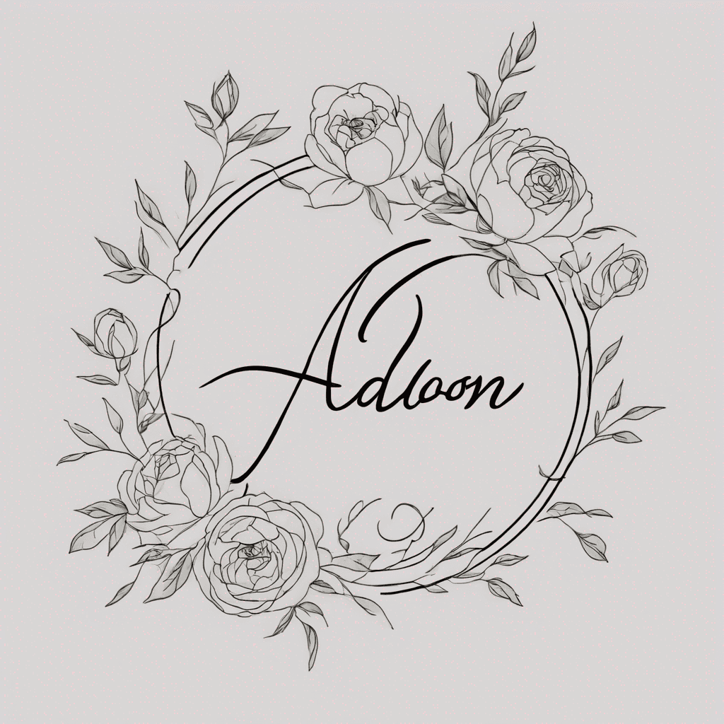 Elegant script 'Aedon 6/26/2003' in fine black lettering, surrounded by watercolor roses & peonies, pastel palette, delicate shading, fine-line vines