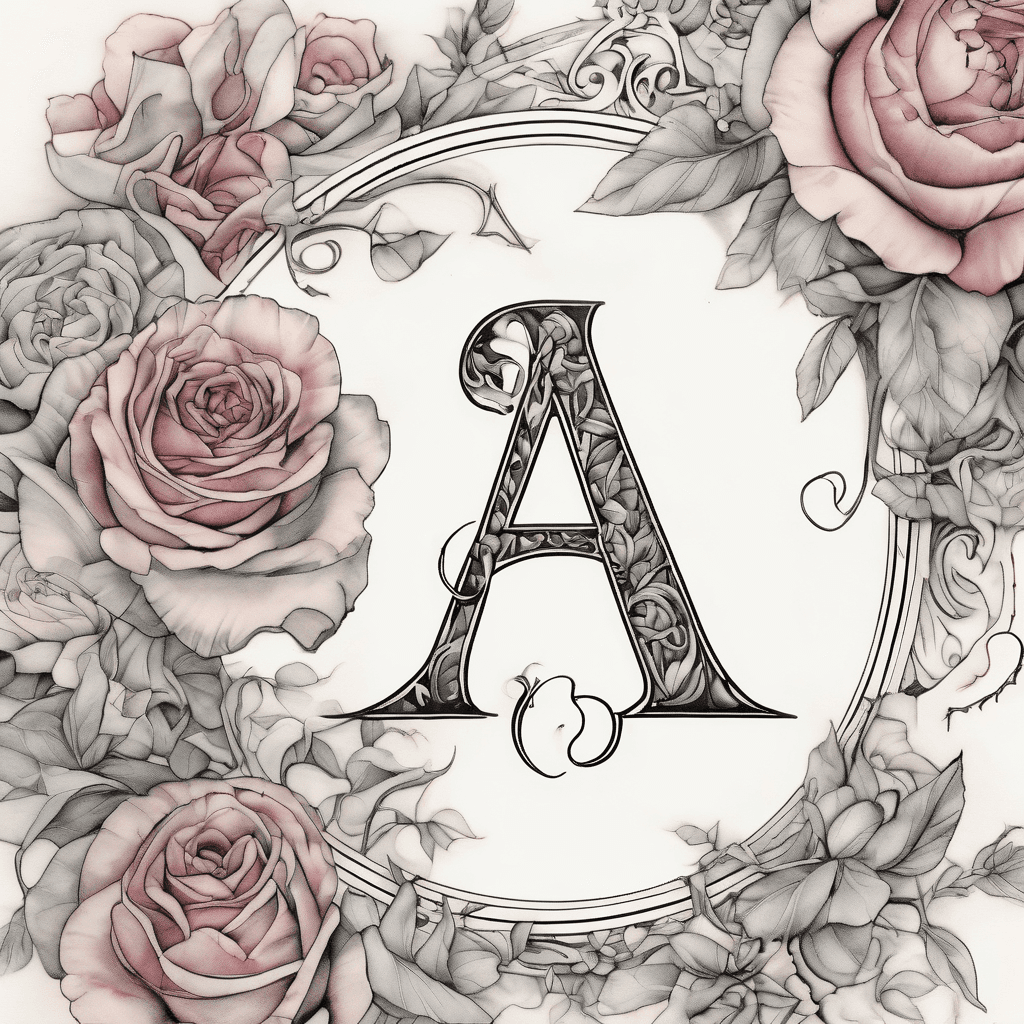 Elegant letters 'Aedon 6/26/2003' in fine black lettering, surrounded by watercolor roses & peonies, pastel palette, delicate shading, fine-line vines