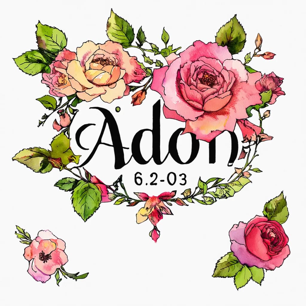 Elegant letters 'Aedon 6/26/2003' in fine black lettering, surrounded by watercolor roses & peonies, pastel palette, delicate shading, fine-line vines