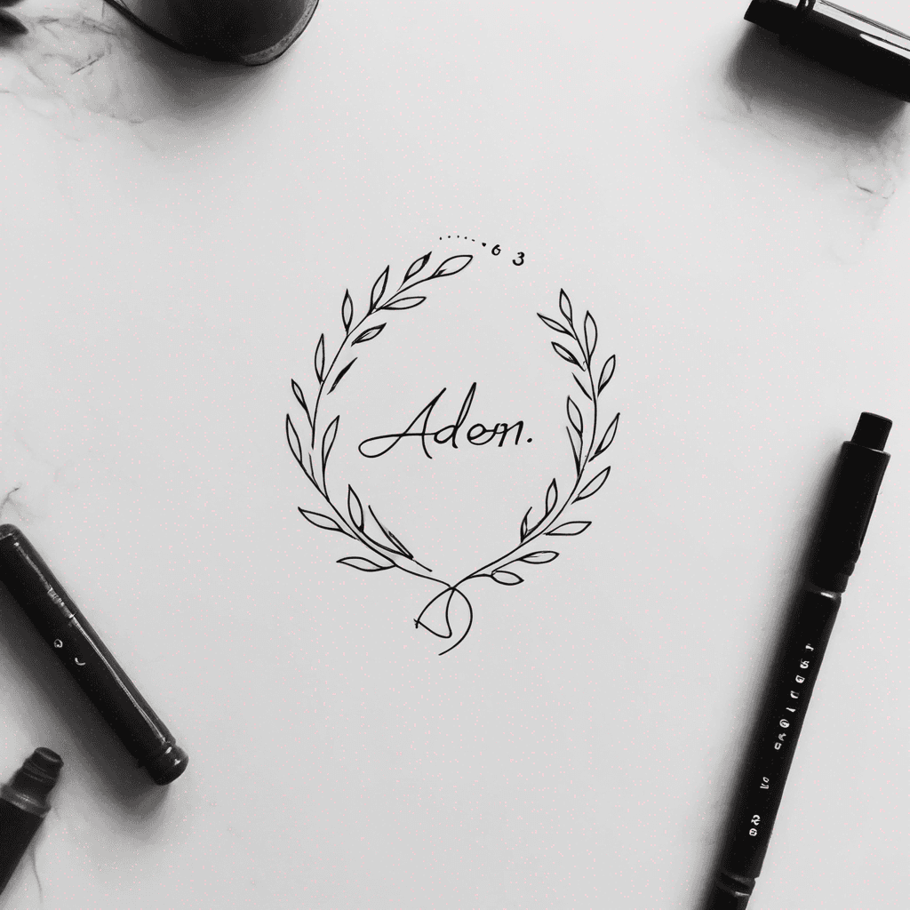 Delicate fine-line 'Aedon 6/26/2003' in cursive, forearm, black ink, thin strokes, tiny laurel wreath, subtle dotwork.