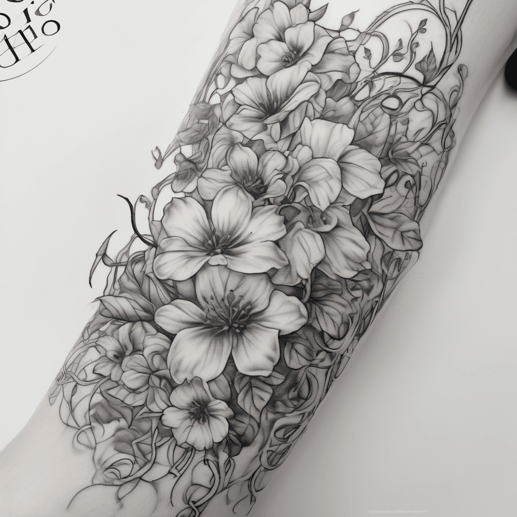 Forearm tattoo: 'AEDON' in elegant flowing script, intertwined with delicate climbing vines and small wildflowers, fine-line black dotwork.