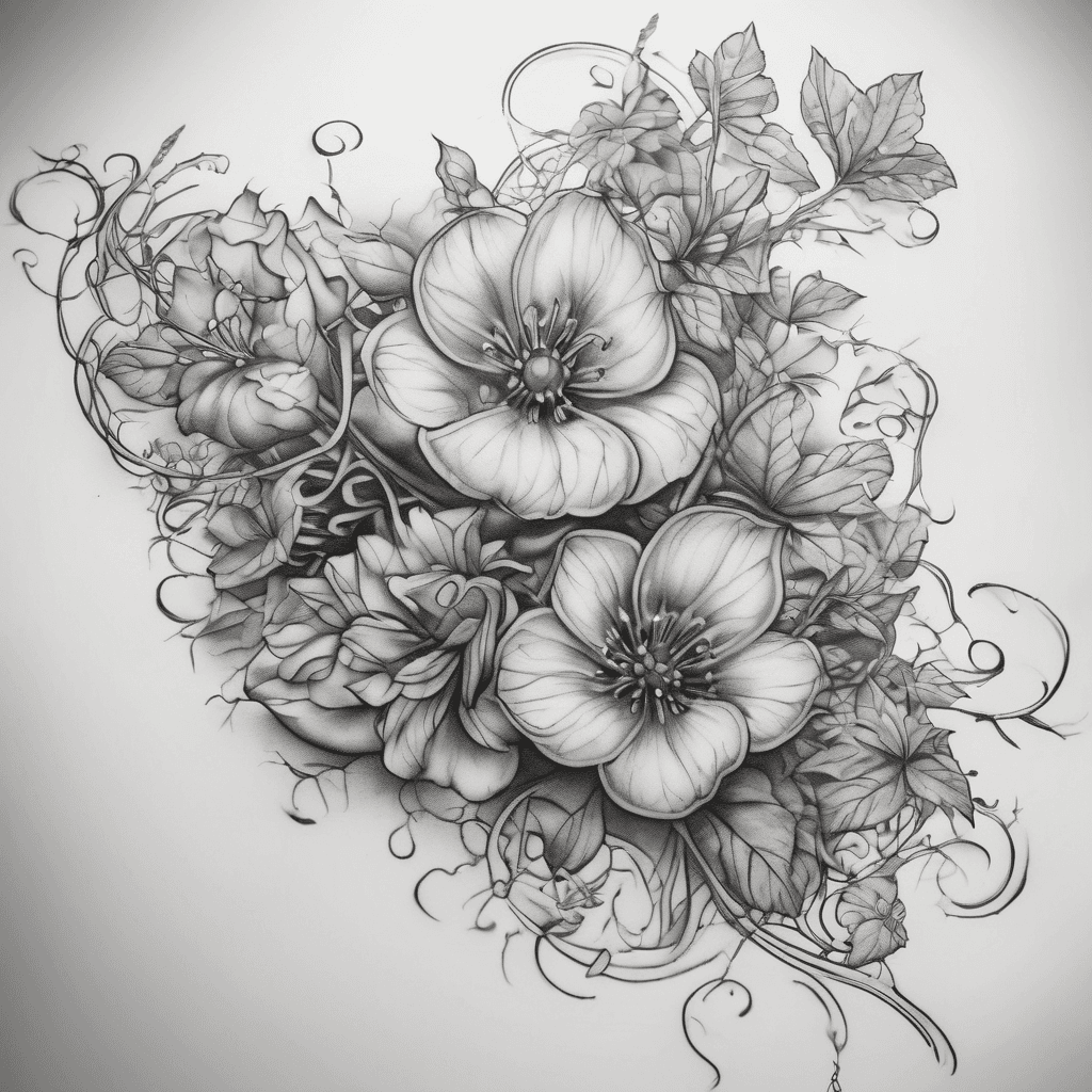 Forearm tattoo: the name ‘AEDON' in elegant flowing script, intertwined with delicate climbing vines and small wildflowers, fine-line black dotwork.