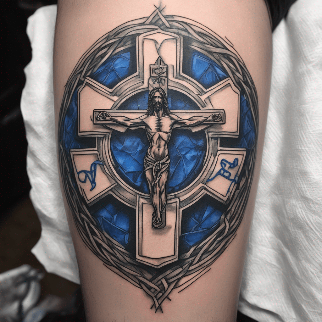 EMS Star of Life, cardiac EKG heart, Jesus portrait, blueprint fragments, interlaced Celtic knots; fine-line blackwork with blue accent, high detail
