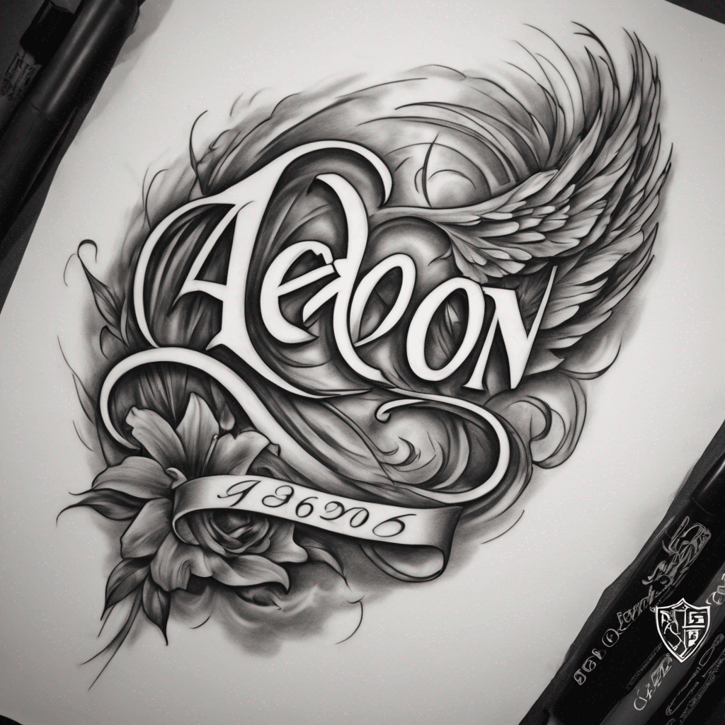 A beautiful tattoo design featuring the name "Aedon 6/26/2003" in elegant lettering
