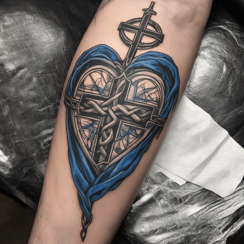EMS Star of Life, cardiac EKG heart, Jesus portrait, blueprint fragments, interlaced Celtic knots; fine-line blackwork with blue accent, high detail