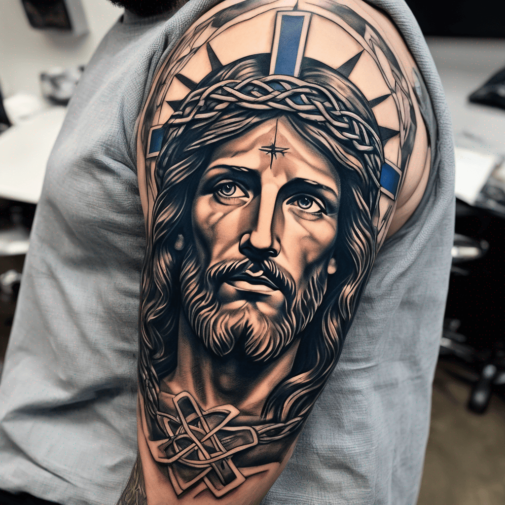 EMS Star of Life, cardiac EKG heart, Jesus portrait, blueprint fragments, interlaced Celtic knots; fine-line blackwork with blue accent, high
detail full arm sleeve