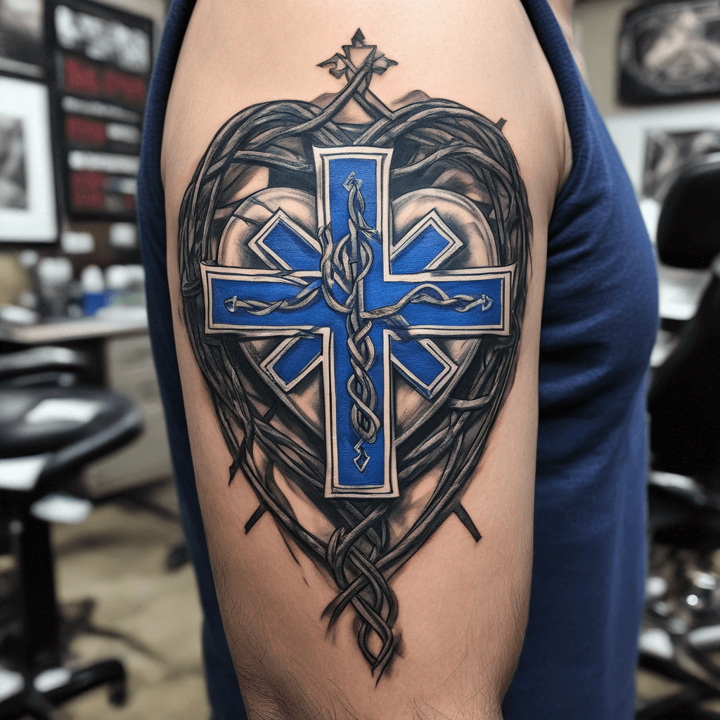 EMS Star of Life, cardiac EKG heart, christian, blueprint fragments, interlaced Celtic knots; fine-line blackwork with blue accent, high
detail full arm sleeve