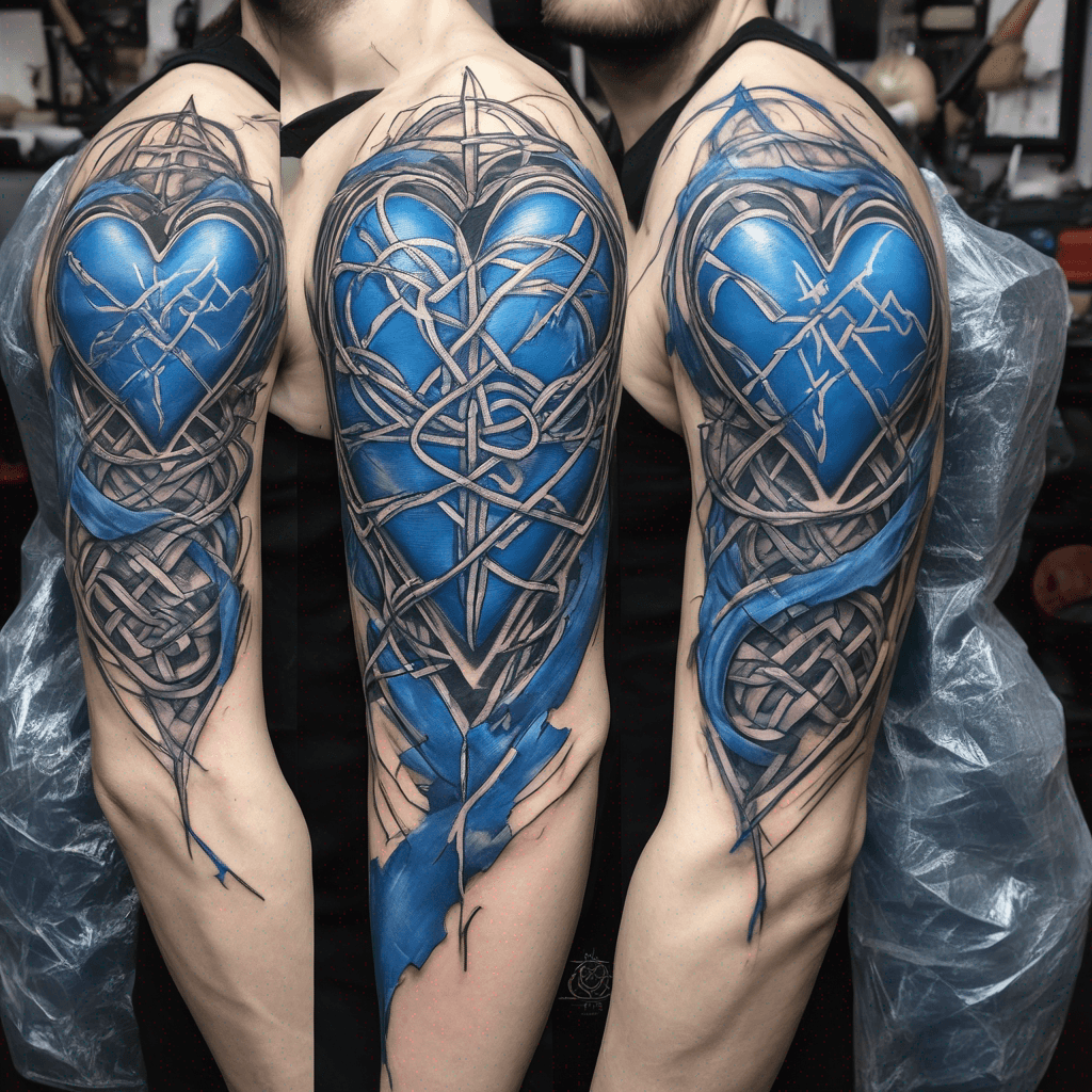 EMS , cardiac EKG heart, christian, blueprint fragments, interlaced Celtic knots; fine-line blackwork with blue accent, high
detail full arm sleeve