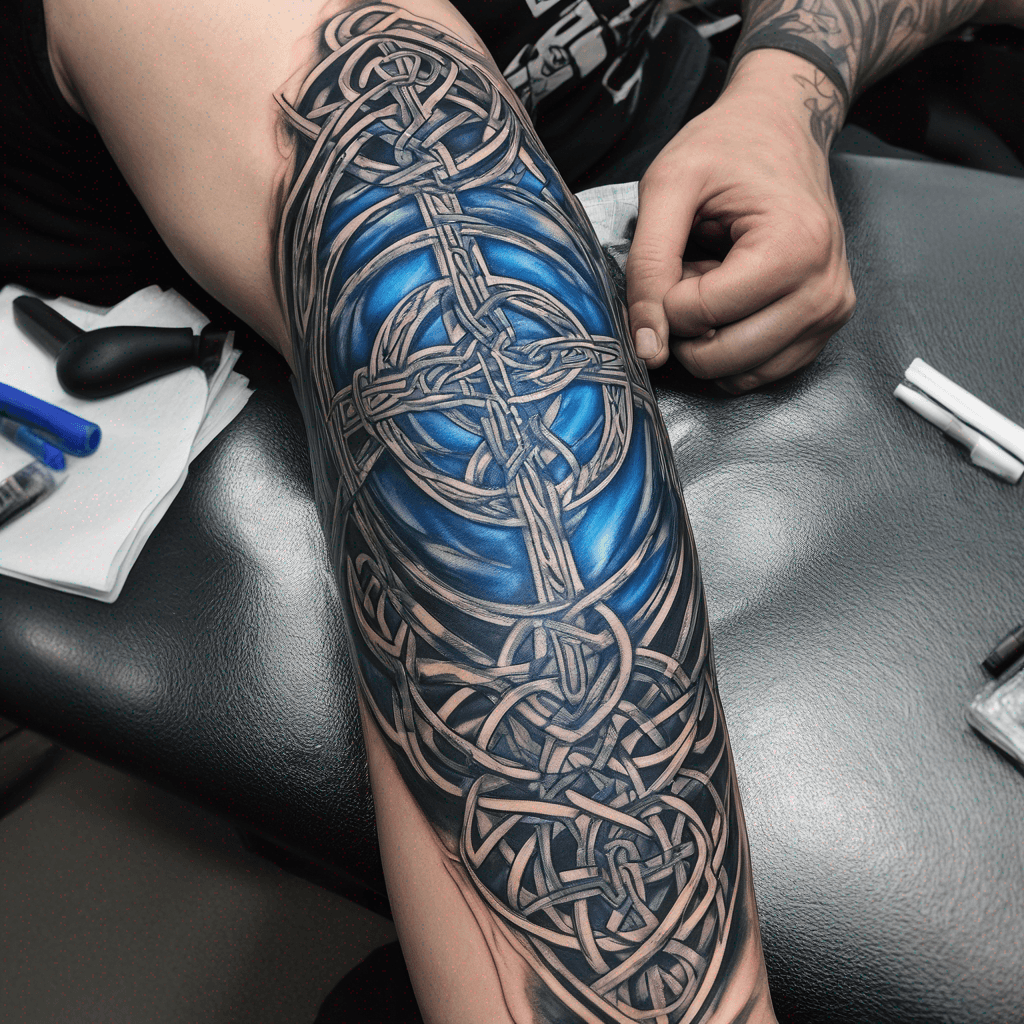 EMS , cardiac , christian, blueprint fragments, interlaced Celtic knots; fine-line blackwork with blue accent, high
detail full arm sleeve