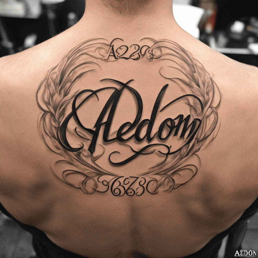 A beautiful tattoo design featuring the name "Aedon 6/26/2003" in elegant lettering