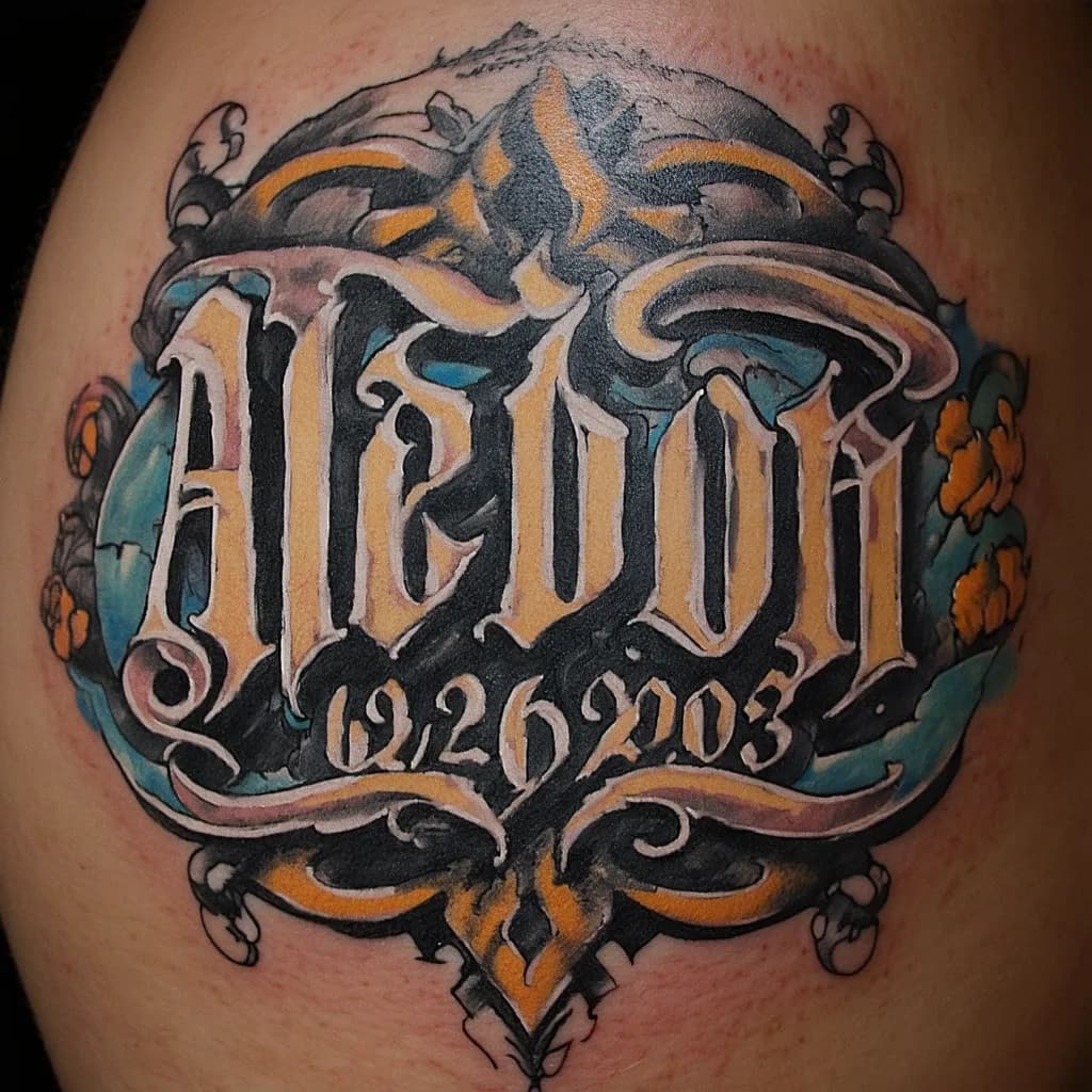 A beautiful tattoo design featuring the name "Aedon 6/26/2003" in elegant lettering