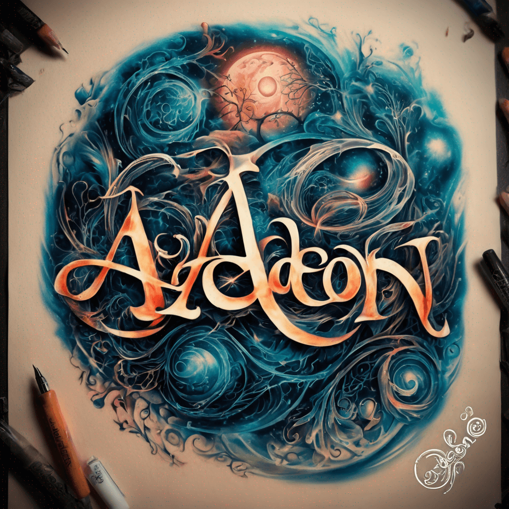 A beautiful tattoo design featuring the name "Aedon 6/26/2003" in elegant lettering