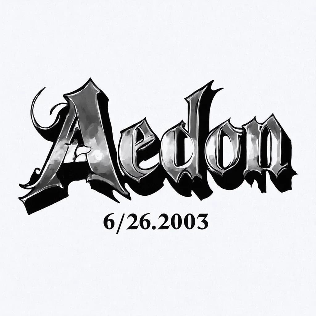A beautiful tattoo design featuring the name "Aedon 6/26/2003" in elegant lettering