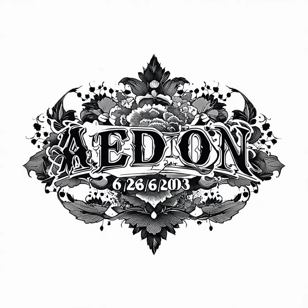 A beautiful tattoo design featuring the name "Aedon 6/26/2003" in elegant lettering