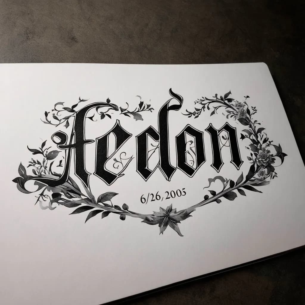A beautiful tattoo design featuring the name "Aedon 6/26/2003" in elegant lettering