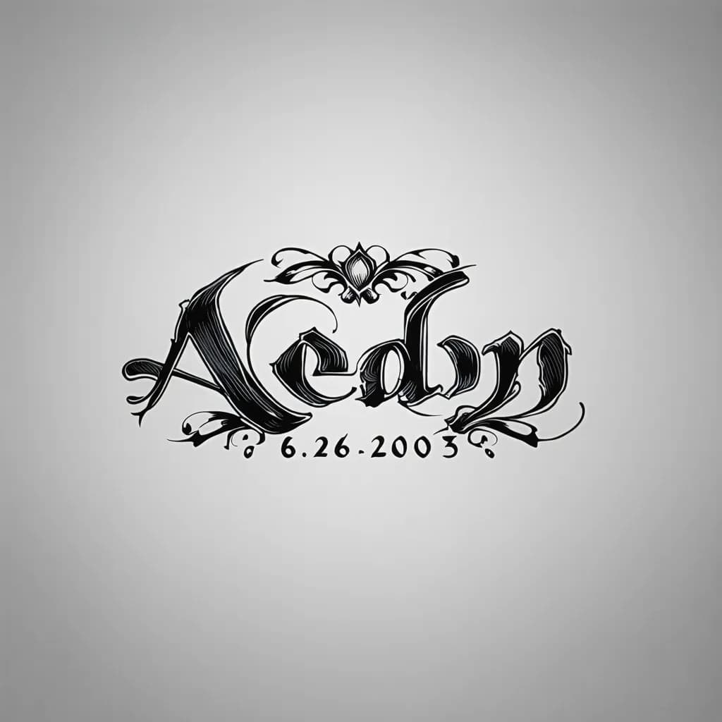 A beautiful tattoo design featuring the name "Aedon 6-26-2003" in elegant lettering