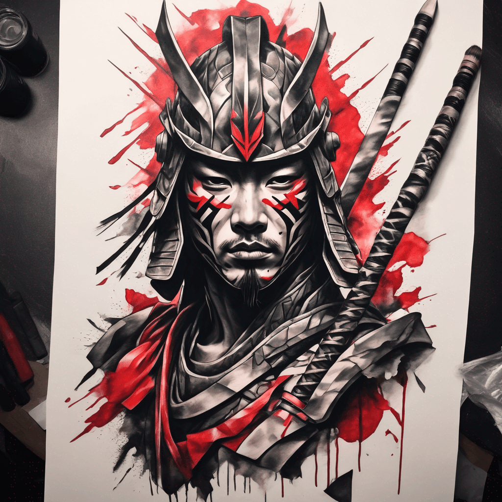 Abstract warrior tattoo - geometric samurai silhouette, fragmented armor shards, ink brush strokes, spear motif, high-contrast black & red, flow
