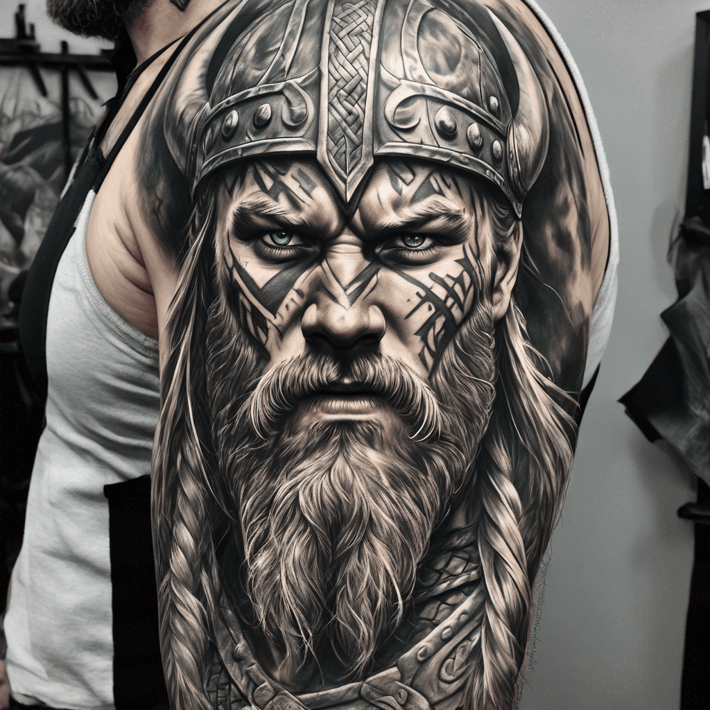 Roaring Viking warrior, braided beard, scarred face, gripping axe, tense muscles, horned helm, Norse runes backdrop, bold blackwork with fine shading