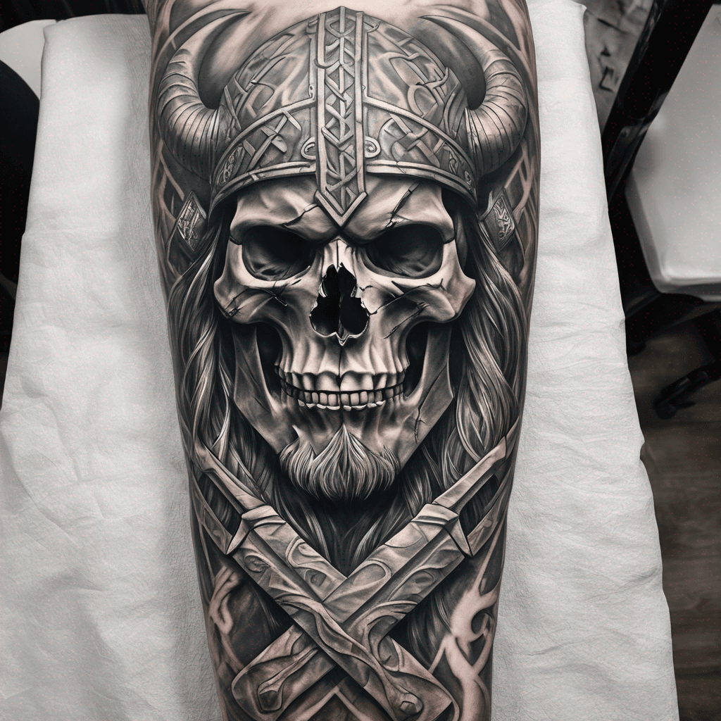 Crossed Viking axes behind a weathered skull, Norse knotwork & runes, detailed blackwork & gray shading, bold lines, realistic texture