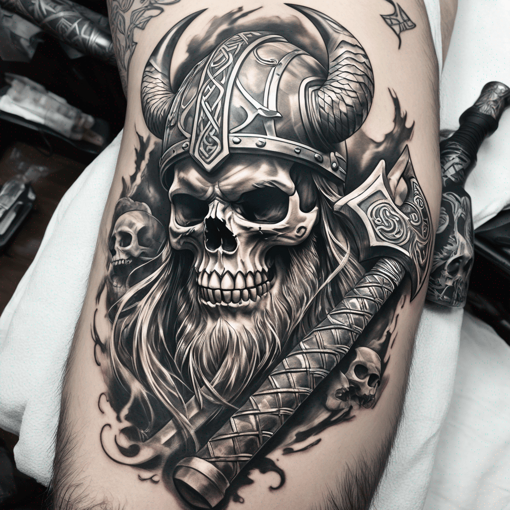 Viking axes with a skull incorporated