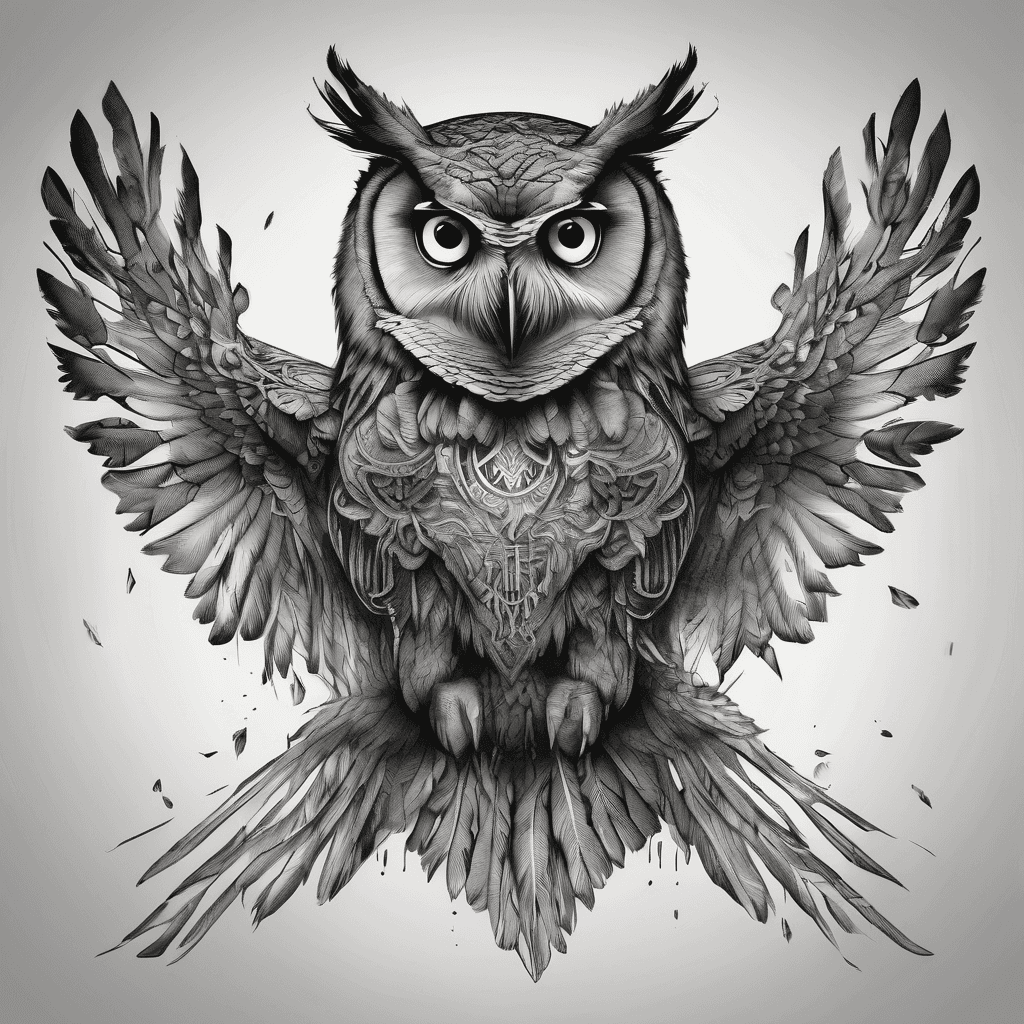 A fine line design of an owl and a raven. They are flying together.