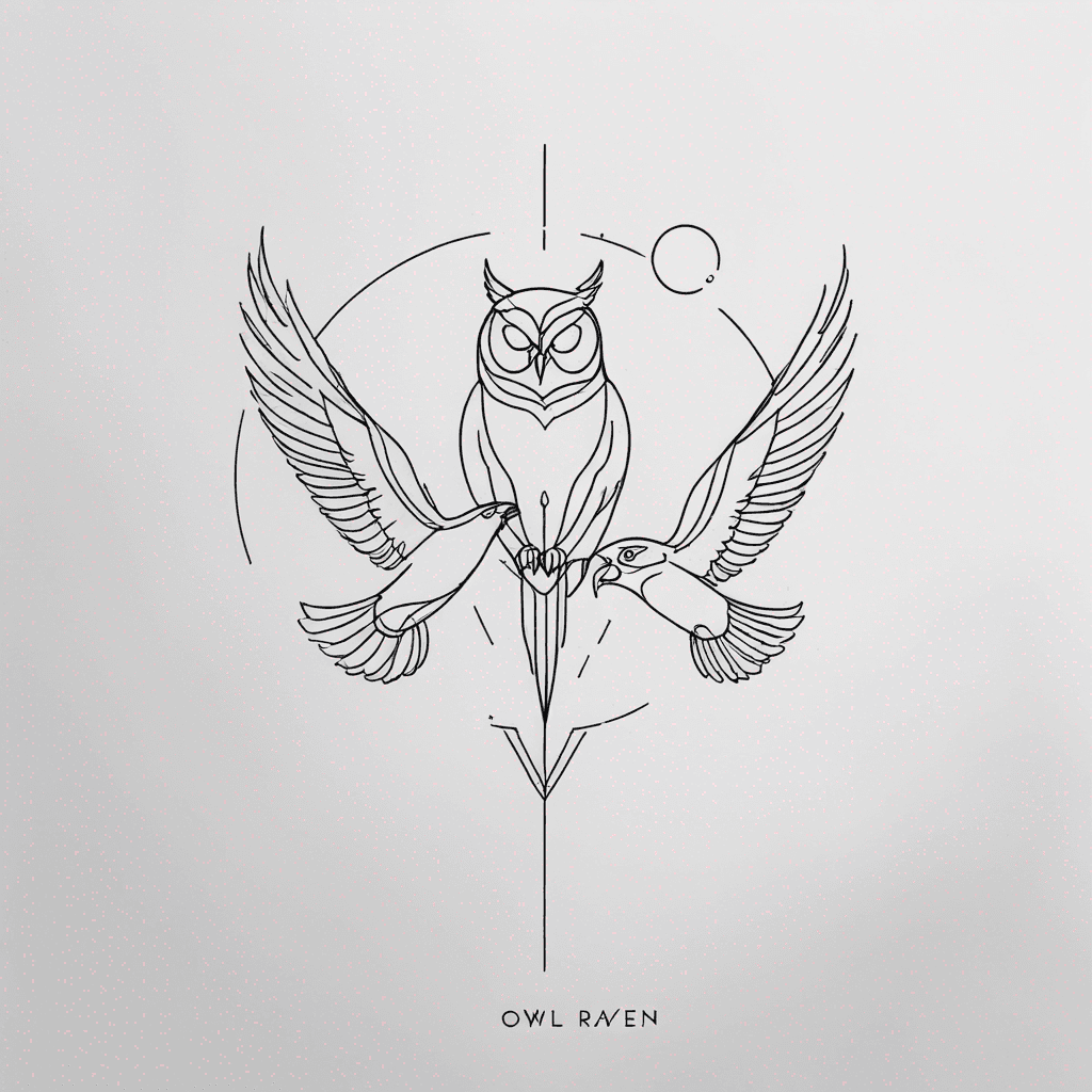 A fine line design of an owl and a raven. They are flying together.