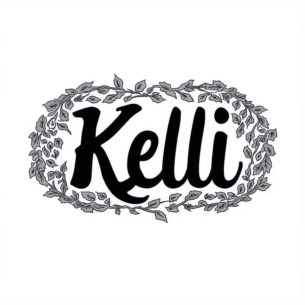 “Kelli” surrounded by minimal vines with a bold font