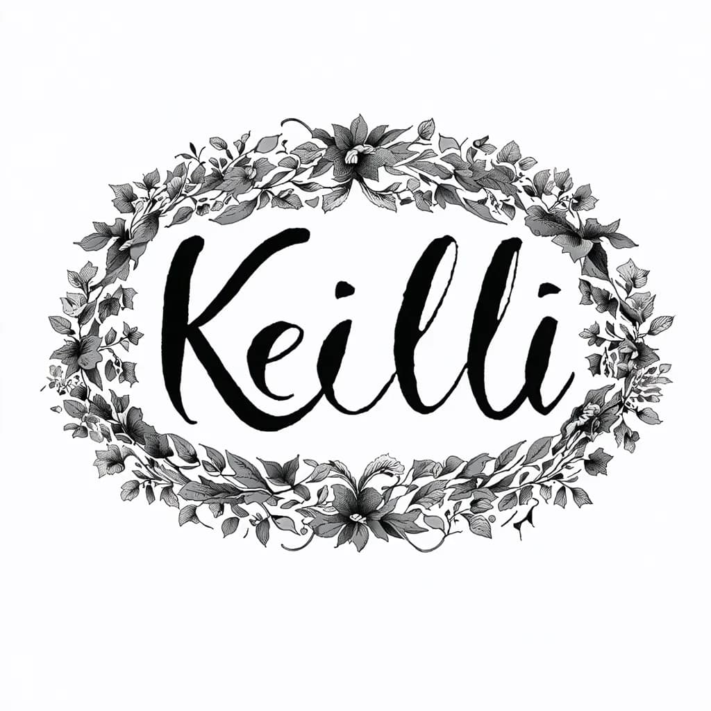 “Kelli” surrounded by minimal vines with a bolder font