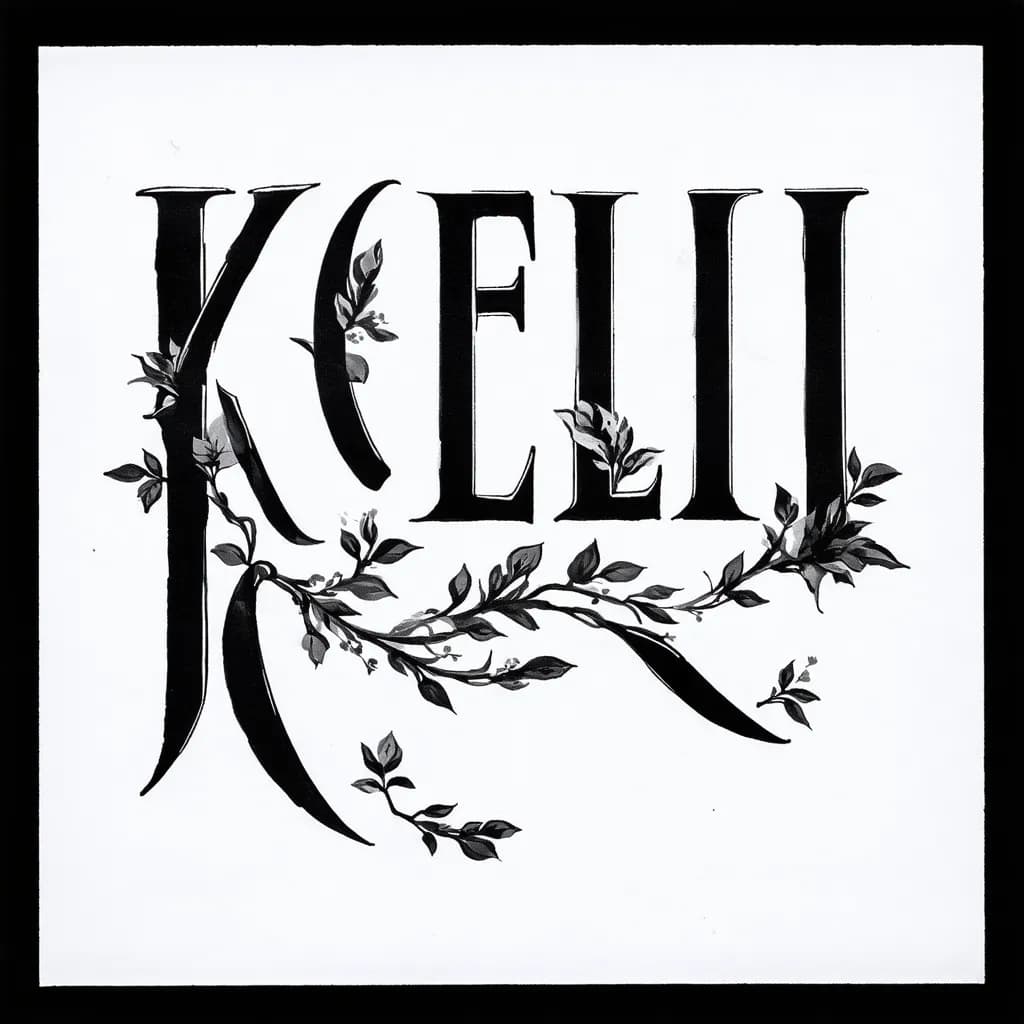 “Kelli” surrounded by minimal vines with a bolder font to be placed on forearm to match design created for Aedon