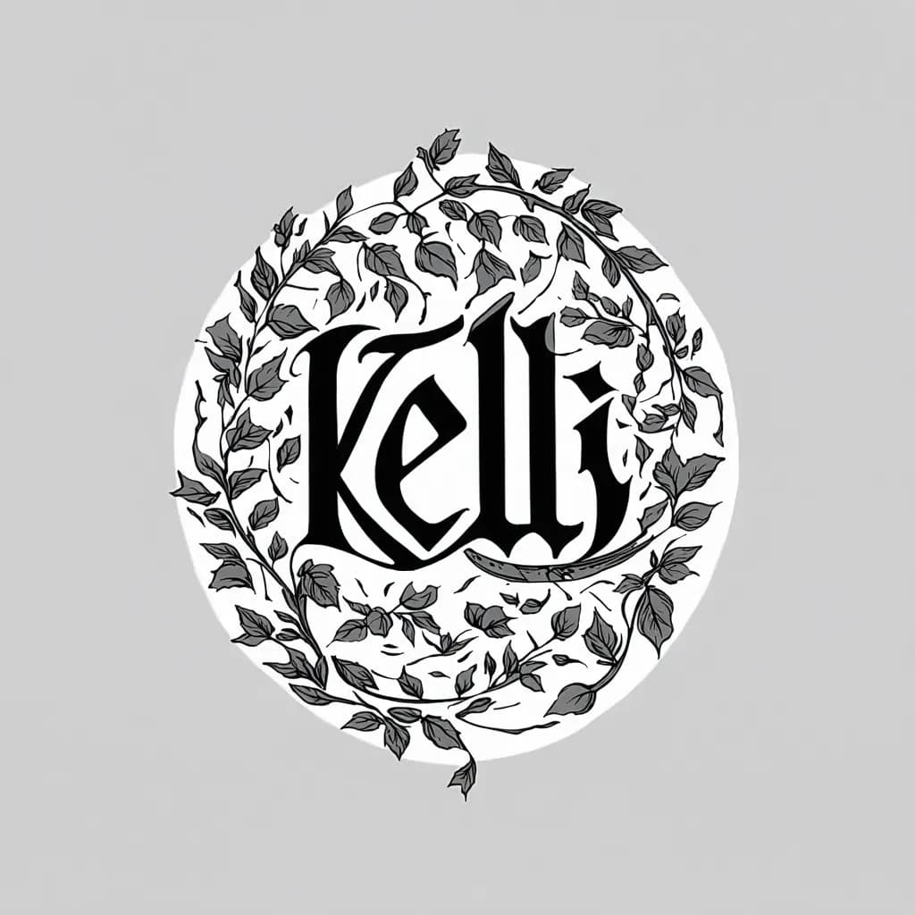 “Kelli” surrounded by minimal vines with a bolder font to be placed on forearm to match design created for Aedon more leafy