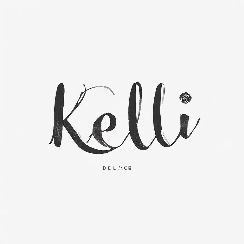 Delicate fine-line cursive 'kelli', elegant modern calligraphy with flowing flourishes, thin gray shading, tiny rose accent, wrist-sized