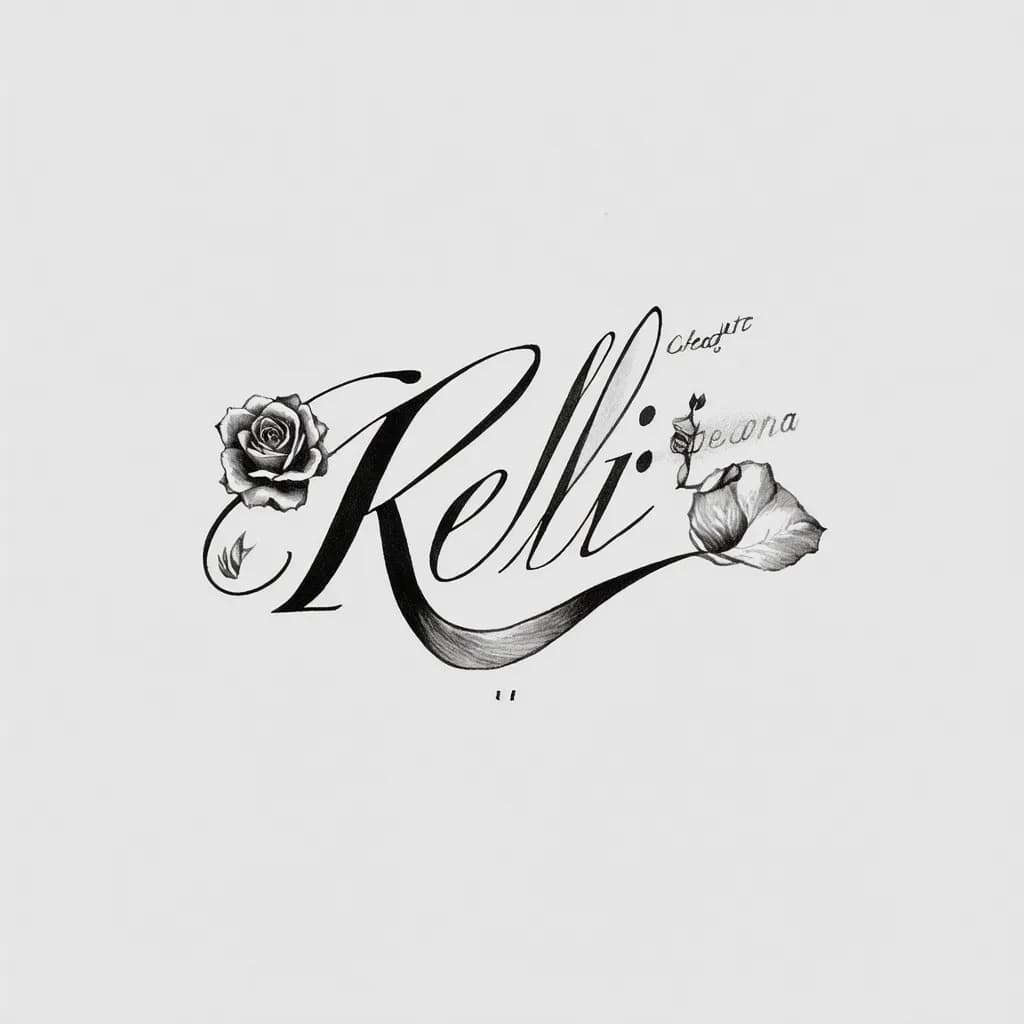 Delicate fine-line cursive 'kelli', elegant modern calligraphy with flowing flourishes, thin gray shading, tiny rose accent, forearm sized