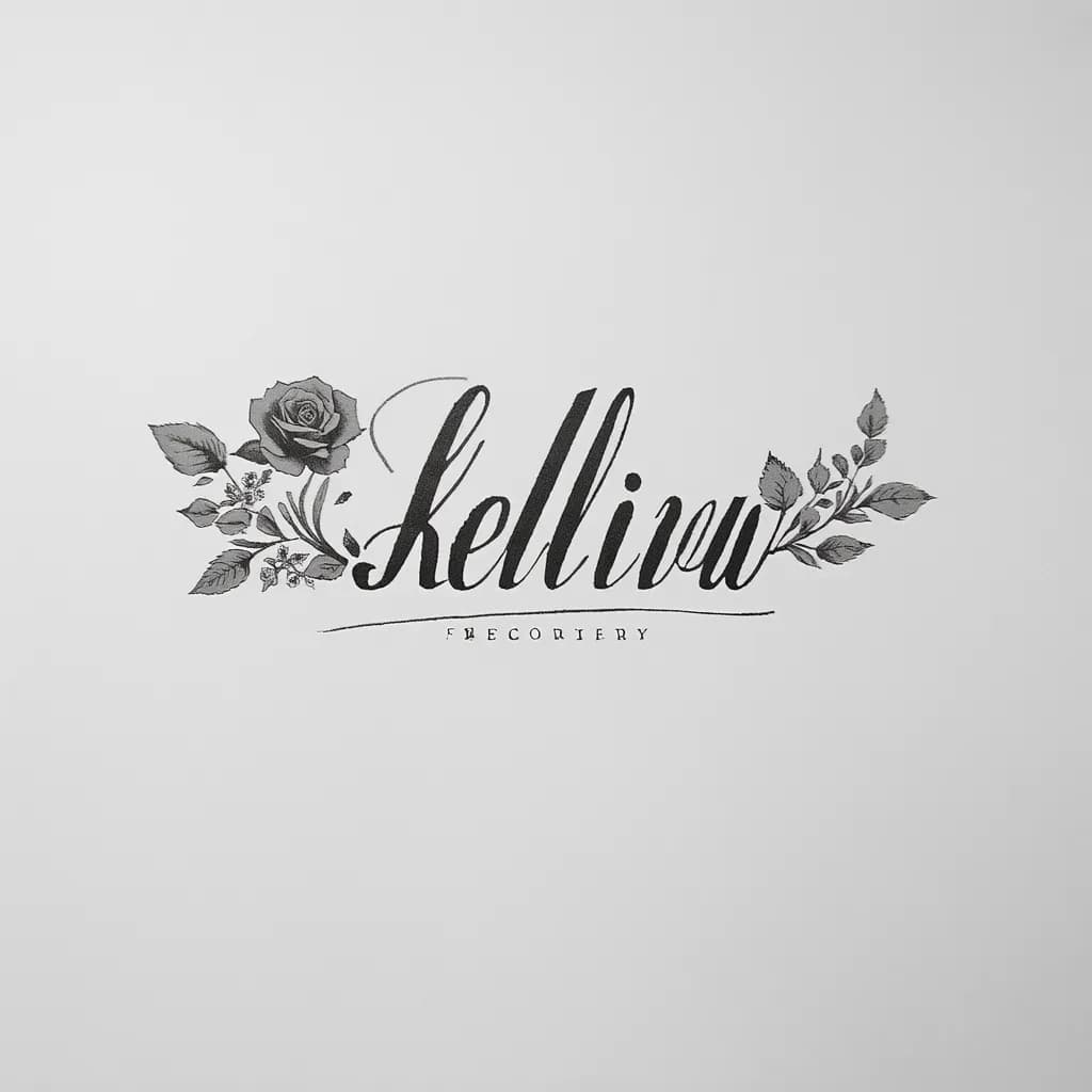 Delicate fine-line cursive 'kelli', elegant modern calligraphy with flowing flourishes, thin gray shading, tiny rose accent, forearm sized