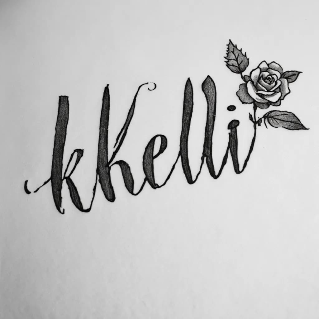 Delicate bold cursive 'kelli', bold modern calligraphy with flowing flourishes, thin gray shading, tiny rose accent, forearm sized