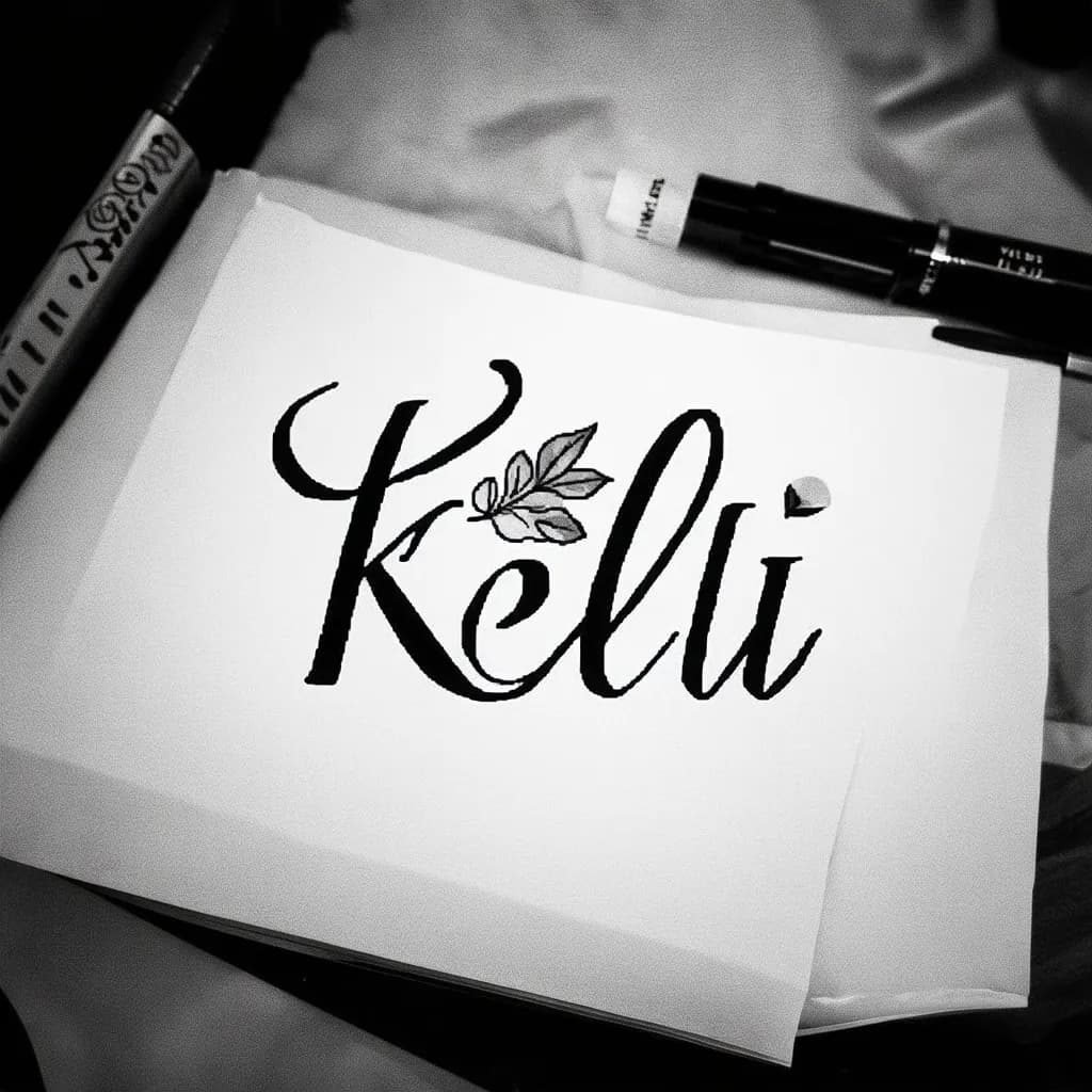 bold cursive 'kelli', bold modern calligraphy with flowing flourishes, thin gray shading, tiny leaf accent, forearm sized