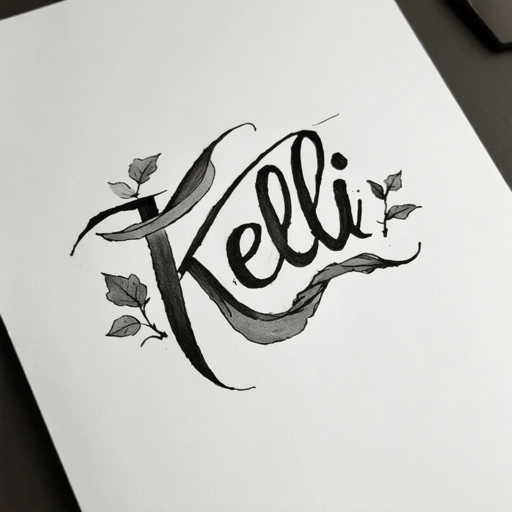 bold cursive 'kelli', bold modern calligraphy with flowing flourishes, thin gray shading, surrounded by tiny leaf accent, forearm sized