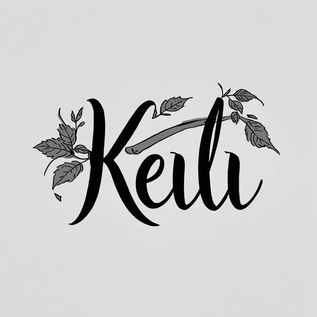 bold cursive 'kelli', bold modern calligraphy with flowing flourishes, thin gray shading, surrounded by tiny leaf accent, forearm sized