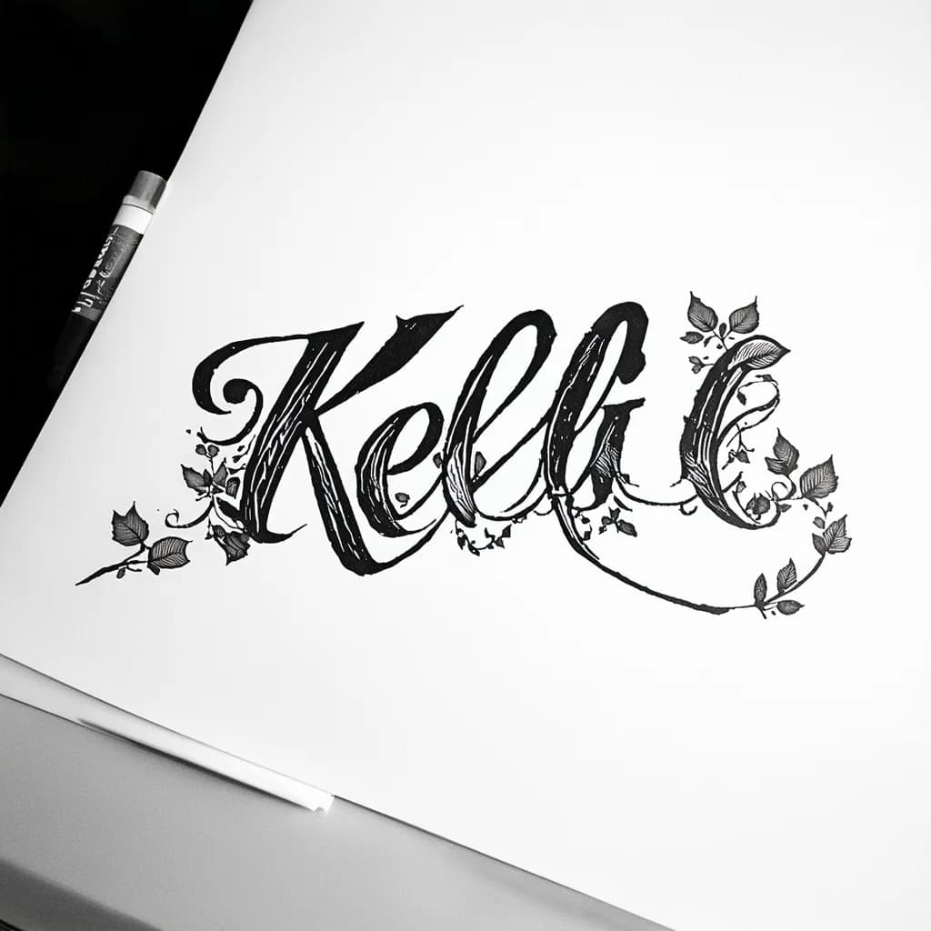 bold cursive 'kelli', boldcalligraphy with flowing flourishes, thin gray shading, surrounded by tiny leaf vines accents forearm sized