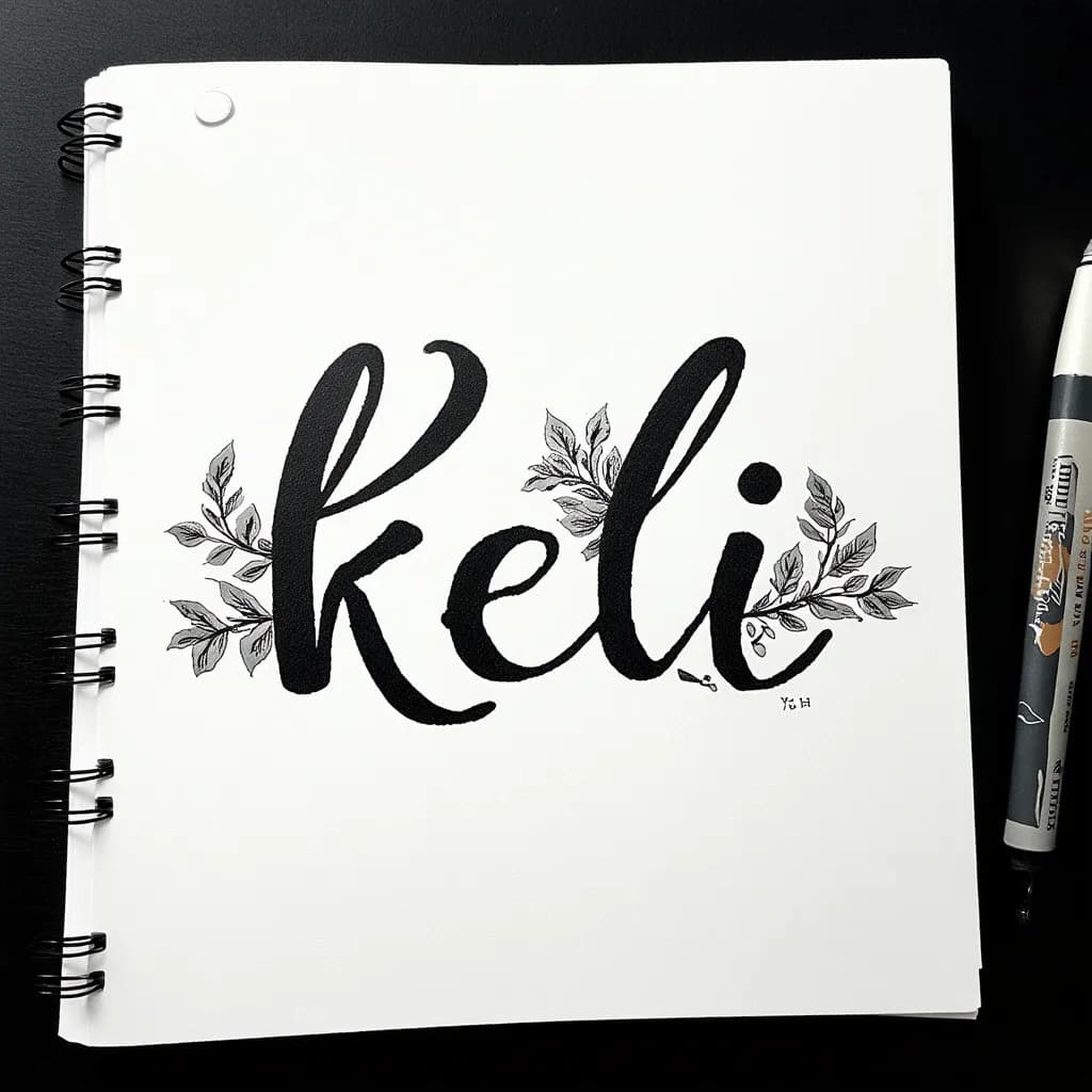 bold cursive 'kelli', boldcalligraphy with flowing flourishes, thin gray shading, surrounded by tiny leaf vines accents forearm sized
