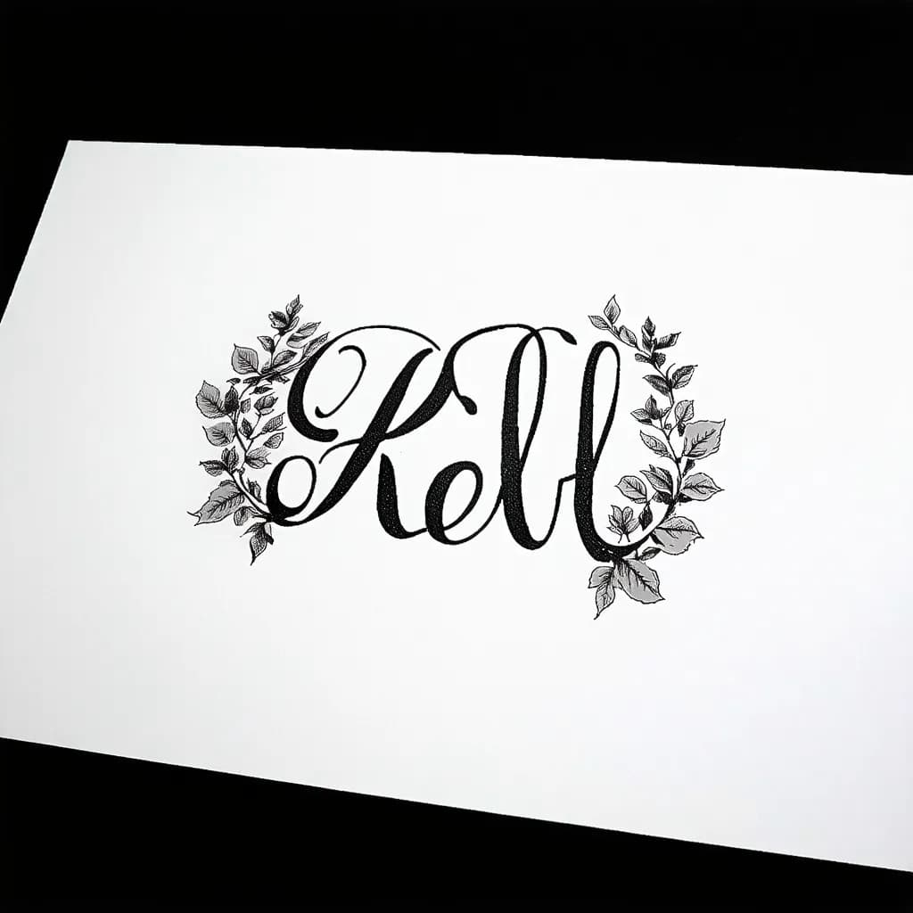 bold cursive 'kelli', bold cursive with flowing flourishes, thin gray shading, surrounded by tiny leaf vines accents forearm sized