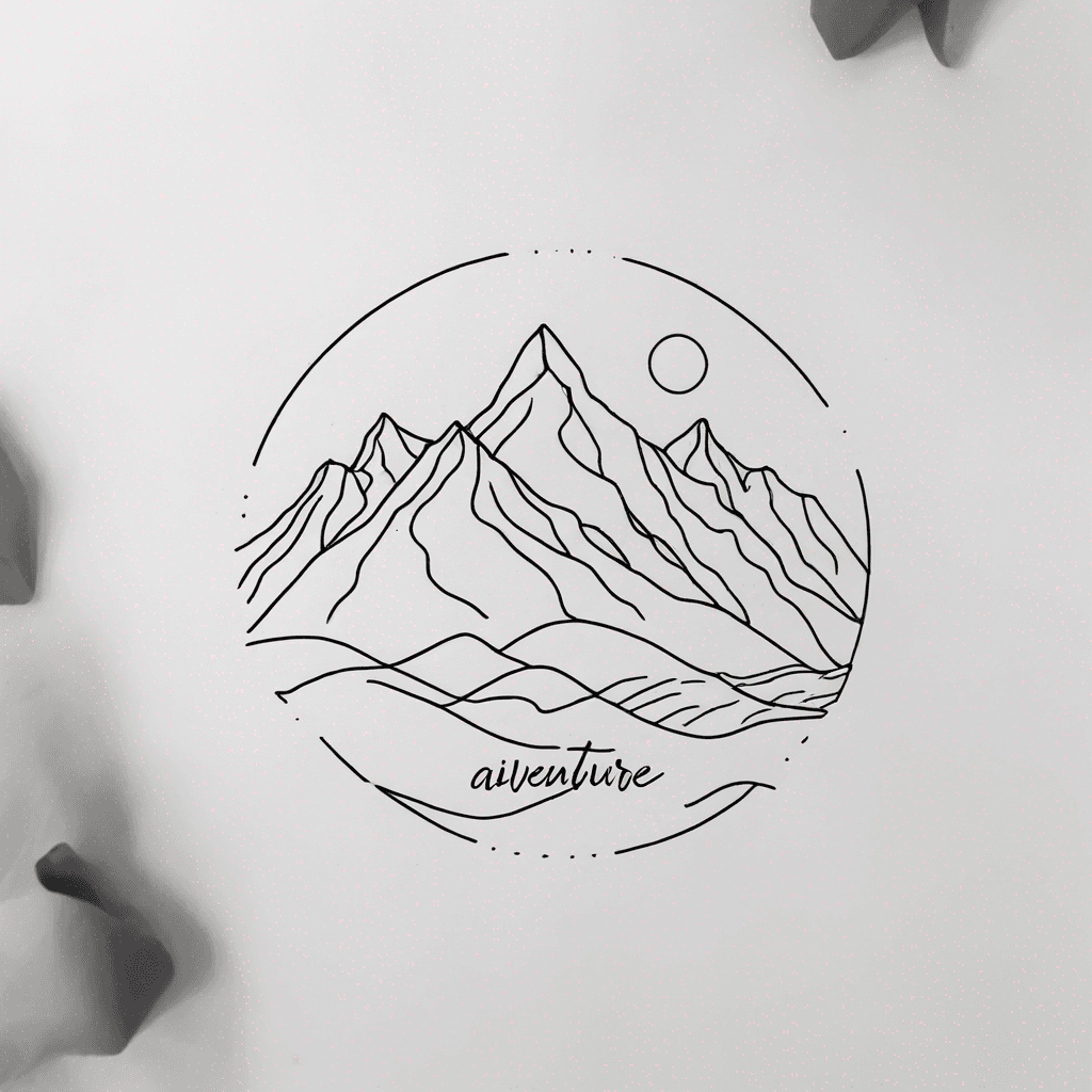 A minimalist mountain landscape with script “Aventure Toujours”
and a salmon beneath
Blackline, dense