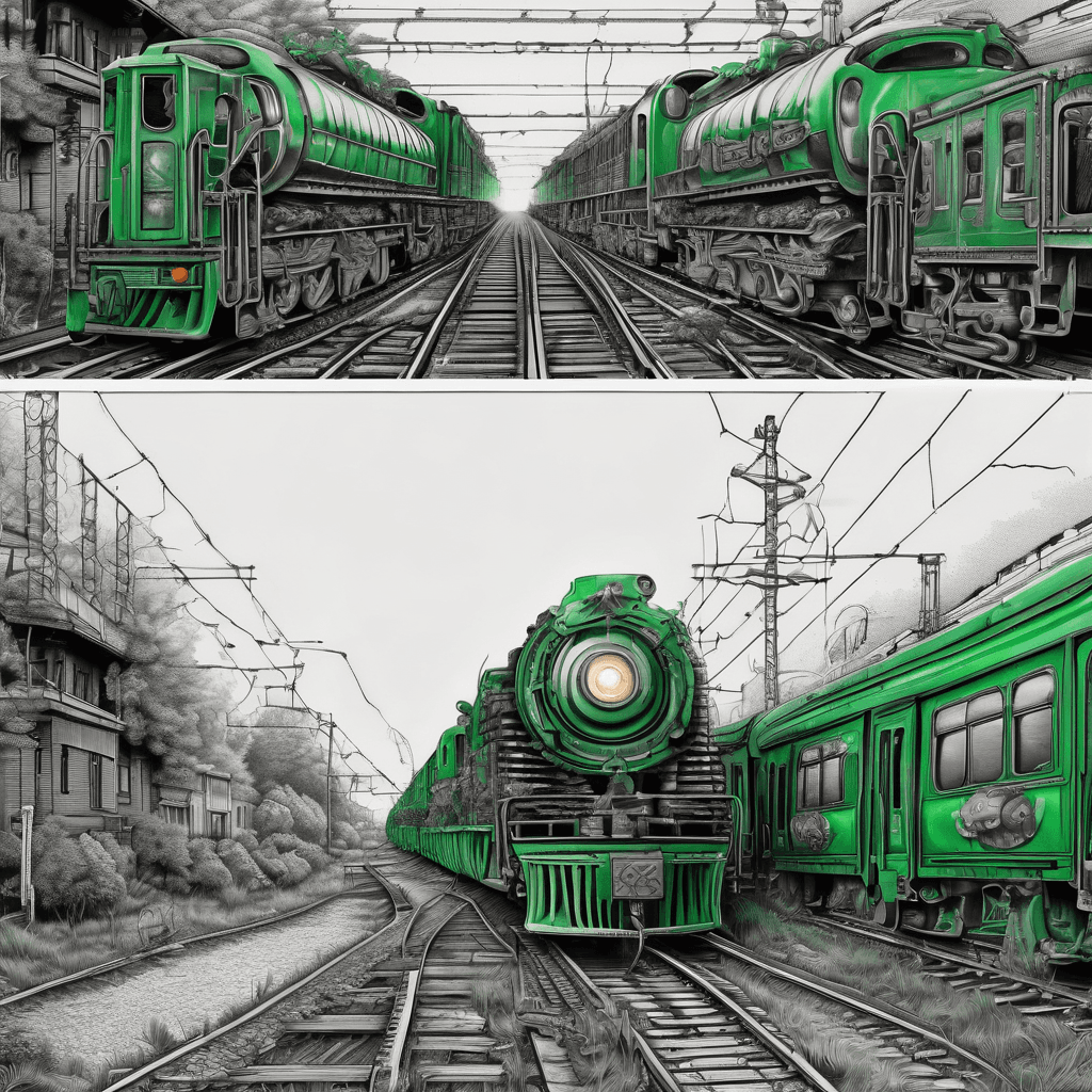A hyper-realistic surrealist tattoo design, black and green color palette only. A detailed side-by-side juxtaposition on train tracks. On the left, a dark, cold, mechanical locomotive train fades into black shadows, inside the windows are identical sheep packed together staring blankly. On the right, a classic waiting train glows with a soft, warm emerald green light from its windows. In the exact center foreground, standing in the gravel between the two tracks, is a single realistic sheep looking hesitantly toward the green glowing train. Sprouting from the rocky tracks at the sheep's feet are hyper-realistic Hawaiian hibiscus flowers, with intricately detailed black and grey petals and vivid, vibrant green leaves and stamens. Hyper-detailed, cinematic lighting, dramatic contrast, tattoo flash art style, white background.