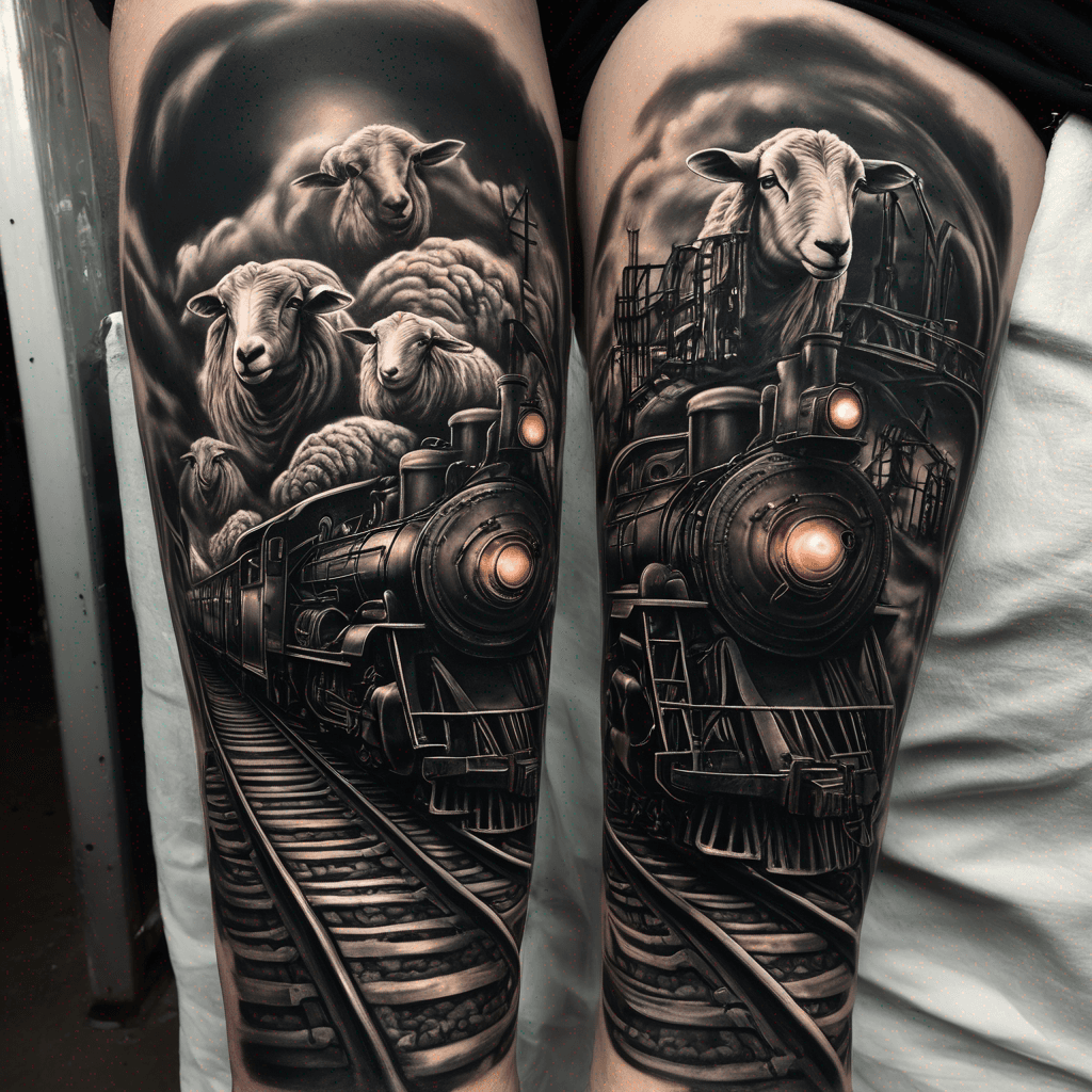 A hyper-realistic surrealist tattoo design, A detailed side-by-side juxtaposition on train tracks. On the left, a dark, cold, mechanical locomotive train fades into black shadows, inside the windows are identical sheep packed together staring blankly. On the right, a classic waiting train glows with a soft, warm emerald green light from its windows. In the exact center foreground, standing in the gravel between the two tracks, is a single realistic sheep looking hesitantly toward the green glowing train. Sprouting from the rocky tracks at the sheep's feet are hyper-realistic Hawaiian hibiscus flowers, with intricately detailed black and grey petals and vivid, vibrant green leaves and stamens.