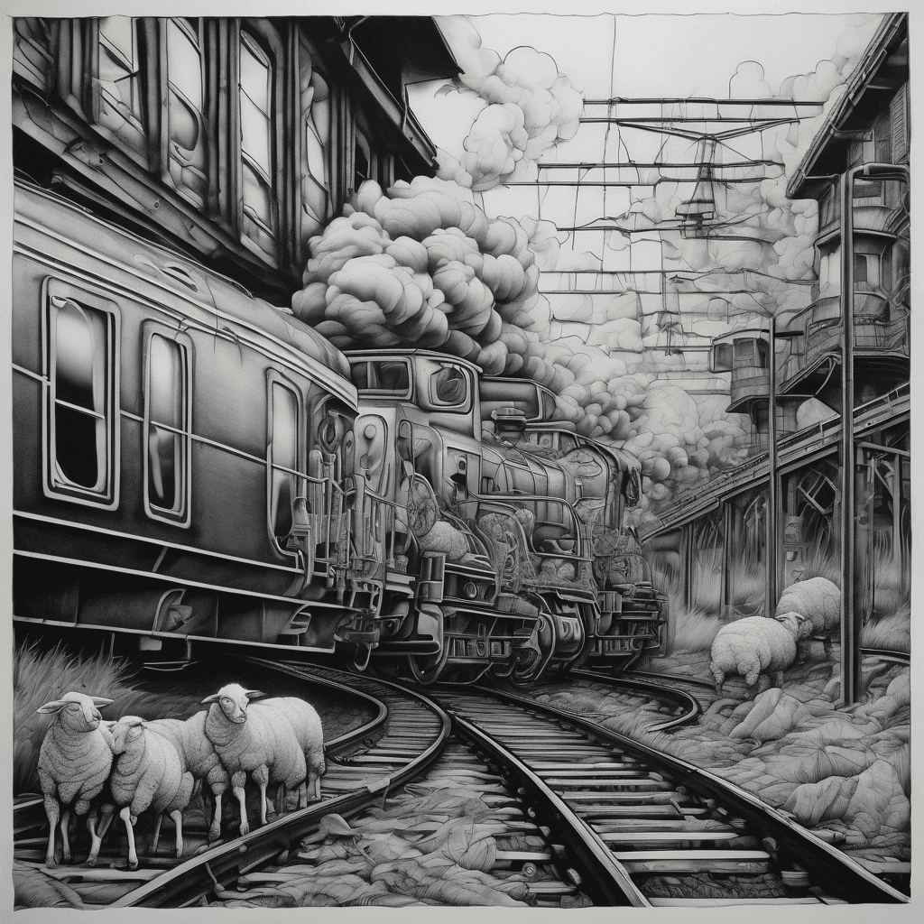 A hyper-realistic surrealist tattoo design, A detailed side-by-side juxtaposition on train tracks. On the left, a dark, cold, mechanical locomotive train fades into black shadows, inside the windows are identical sheep packed together staring blankly. On the right, a classic waiting train glows with a soft, warm emerald green light from its windows. In the exact center foreground, standing in the gravel between the two tracks, is a single realistic sheep looking hesitantly toward the green glowing train. Sprouting from the rocky tracks at the sheep's feet are hyper-realistic Hawaiian hibiscus flowers, with intricately detailed black and grey petals and vivid, vibrant green leaves and stamens.