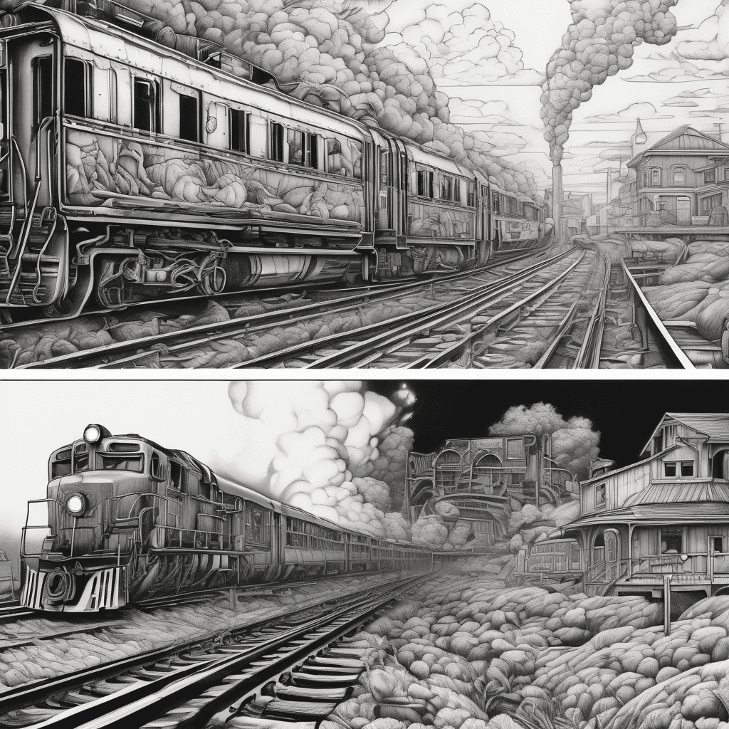 A hyper-realistic surrealist tattoo design, A detailed side-by-side juxtaposition on train tracks. On the left, a dark, cold, mechanical locomotive train fades into black shadows, inside the windows are identical sheep packed together staring blankly. On the right, a classic waiting train glows with a soft, warm emerald green light from its windows. In the exact center foreground, standing in the gravel between the two tracks, is a single realistic sheep looking hesitantly toward the green glowing train. Sprouting from the rocky tracks at the sheep's feet are hyper-realistic Hawaiian hibiscus flowers, with intricately detailed black and grey petals and vivid, vibrant green leaves and stamens.