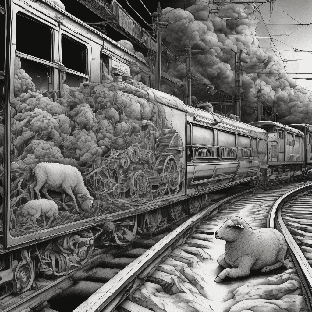 A hyper-realistic surrealist tattoo design, A detailed side-by-side juxtaposition on train tracks. On the left, a dark, cold, mechanical locomotive train fades into black shadows, inside the windows are identical sheep packed together staring blankly. On the right, a classic waiting train glows with a soft, warm emerald green light from its windows. In the exact center foreground, standing in the gravel between the two tracks, is a single realistic sheep looking hesitantly toward the green glowing train. Sprouting from the rocky tracks at the sheep's feet are hyper-realistic Hawaiian hibiscus flowers, with intricately detailed black and grey petals and vivid, vibrant green leaves and stamens.