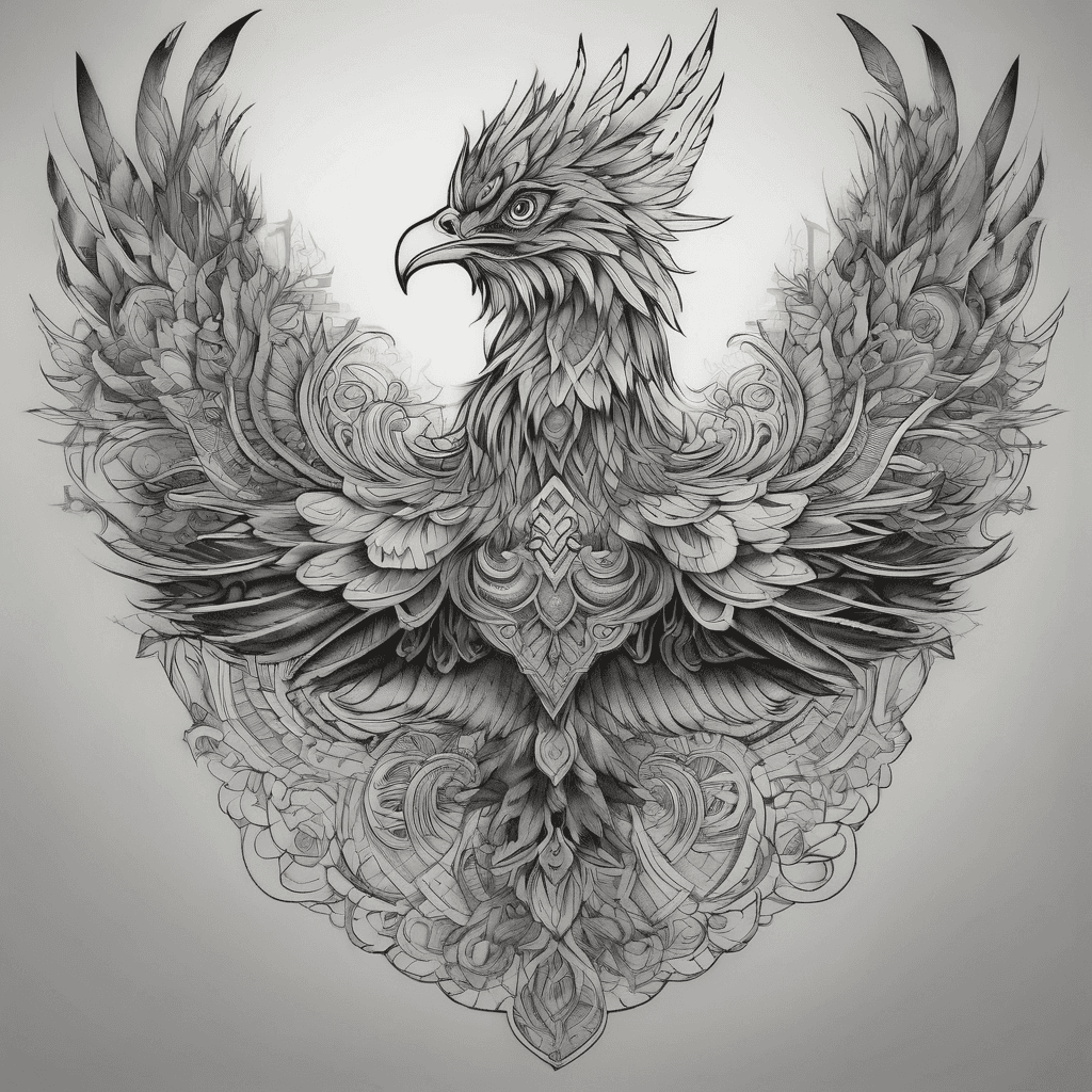 A highly detailed black and grey arm tattoo design. The central focus is a majestic phoenix in profile, featuring sharp, elegant contours and flowing, layered tail feathers. The background and negative space are densely filled with intricate ornamental patterns, incorporating symmetrical mandala elements, paisley motifs, and interlacing geometric lines similar to mehndi designs. The entire composition utilizes fine line work, heavy dotwork, and stippling shading to create a cohesive neo-traditional and ornamental style, optimized for a vertical arm placement.