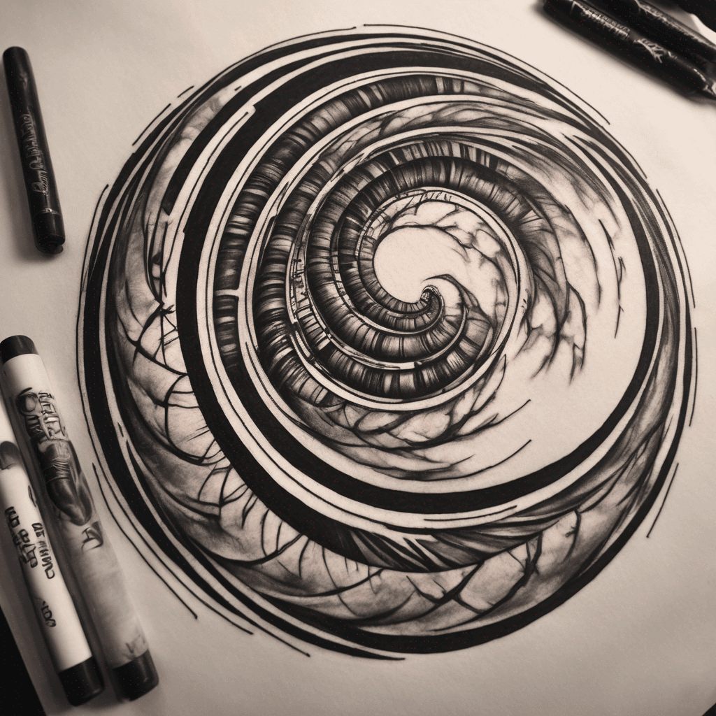 a thick lined spiral with the spiral lines fading as they get farther away from the center. include moon phases above the spiral