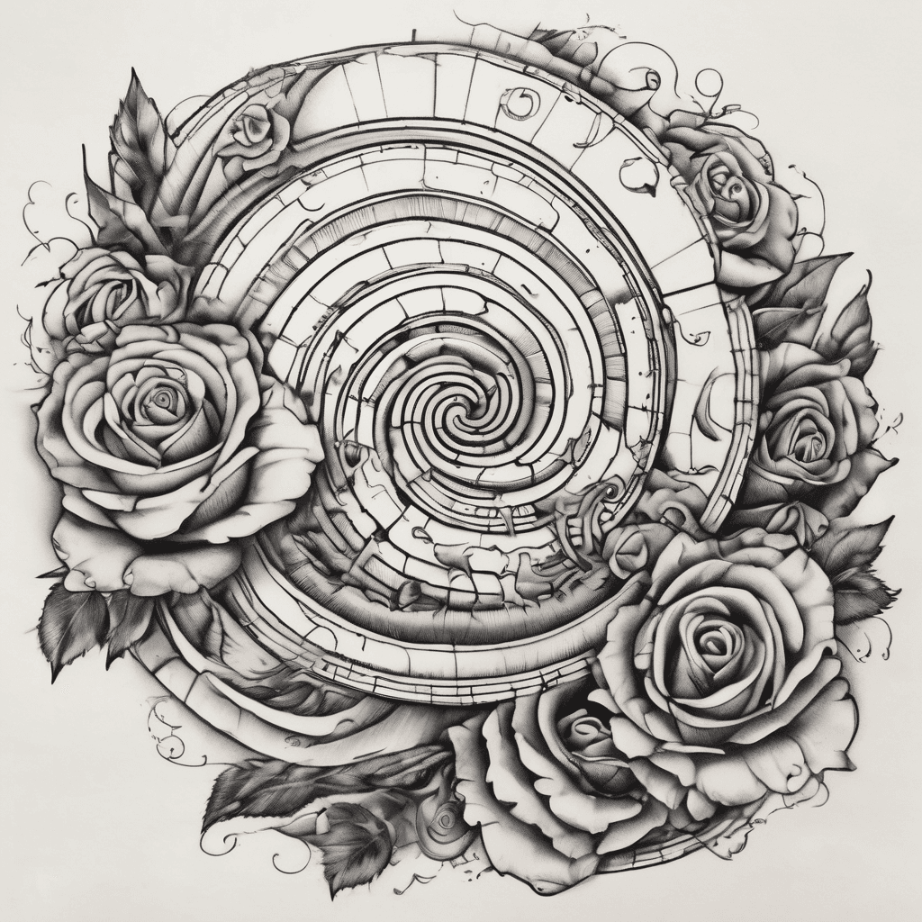 a thick lined spiral with the spiral lines fading as they get farther away from the center. include moon phases above the spiral