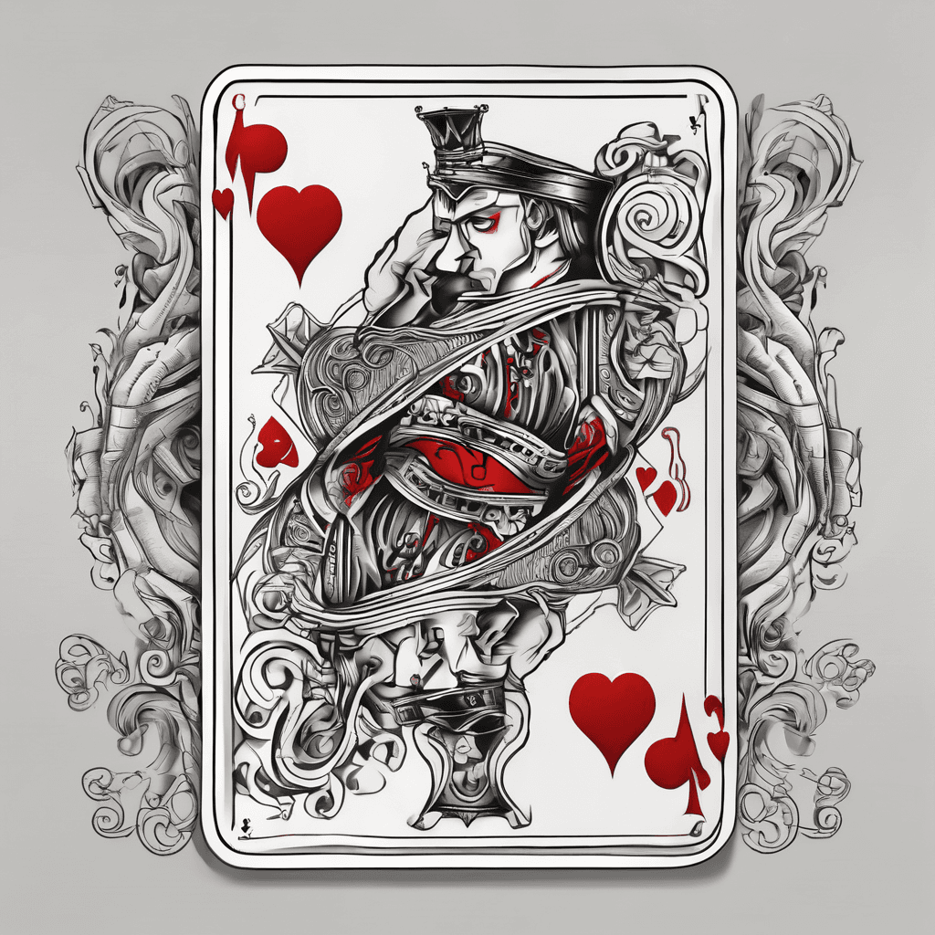 Blackjack hand: a King of hearts and an Ace of spades. overlapping. Black and withe, with red details. Traditional. I need it to be as a hand of cards, being played. One over the other, the King of hearts make it the character, not only th "K"